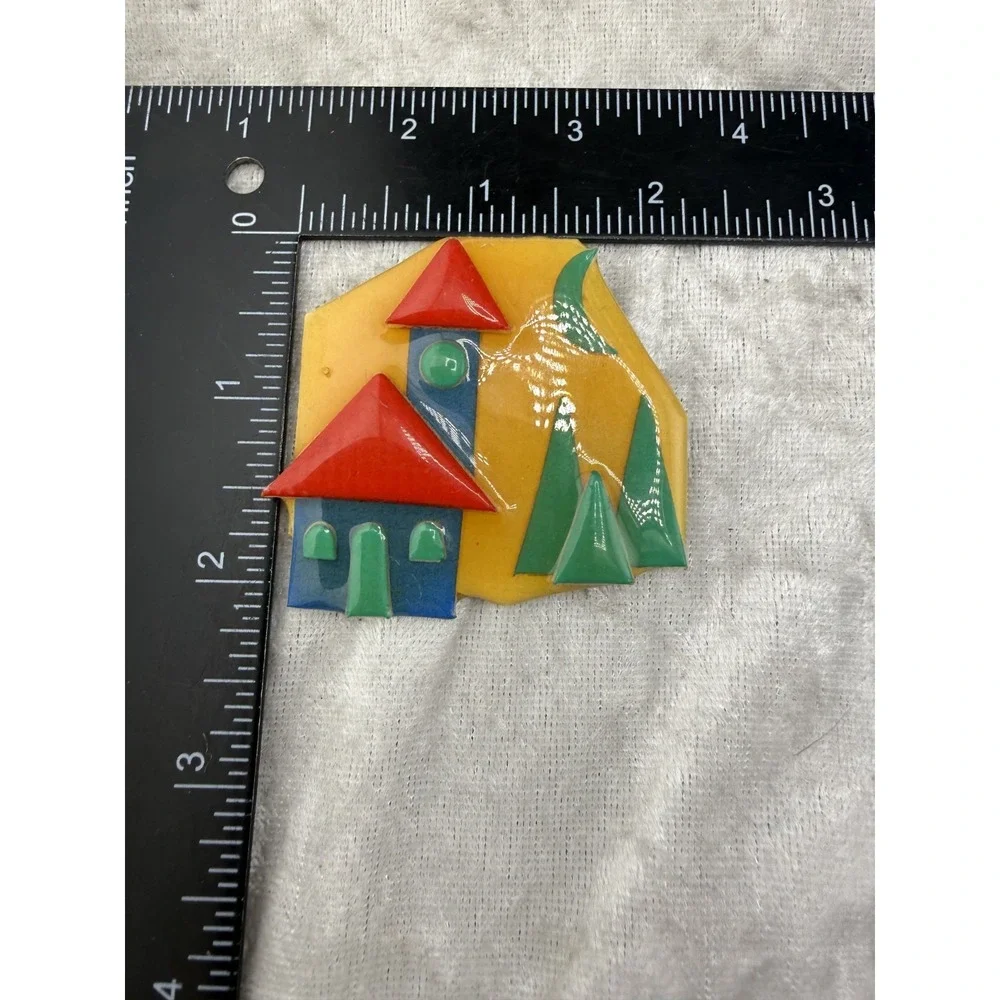 Vintage Lucinda House Pin Yellow Red Green Blue Enamel Signed Brooch